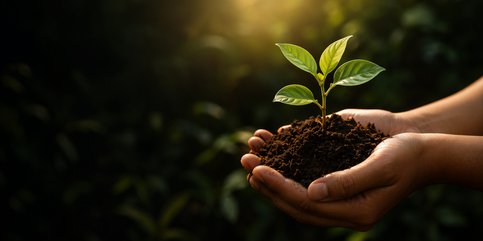 Hands holding a sapling