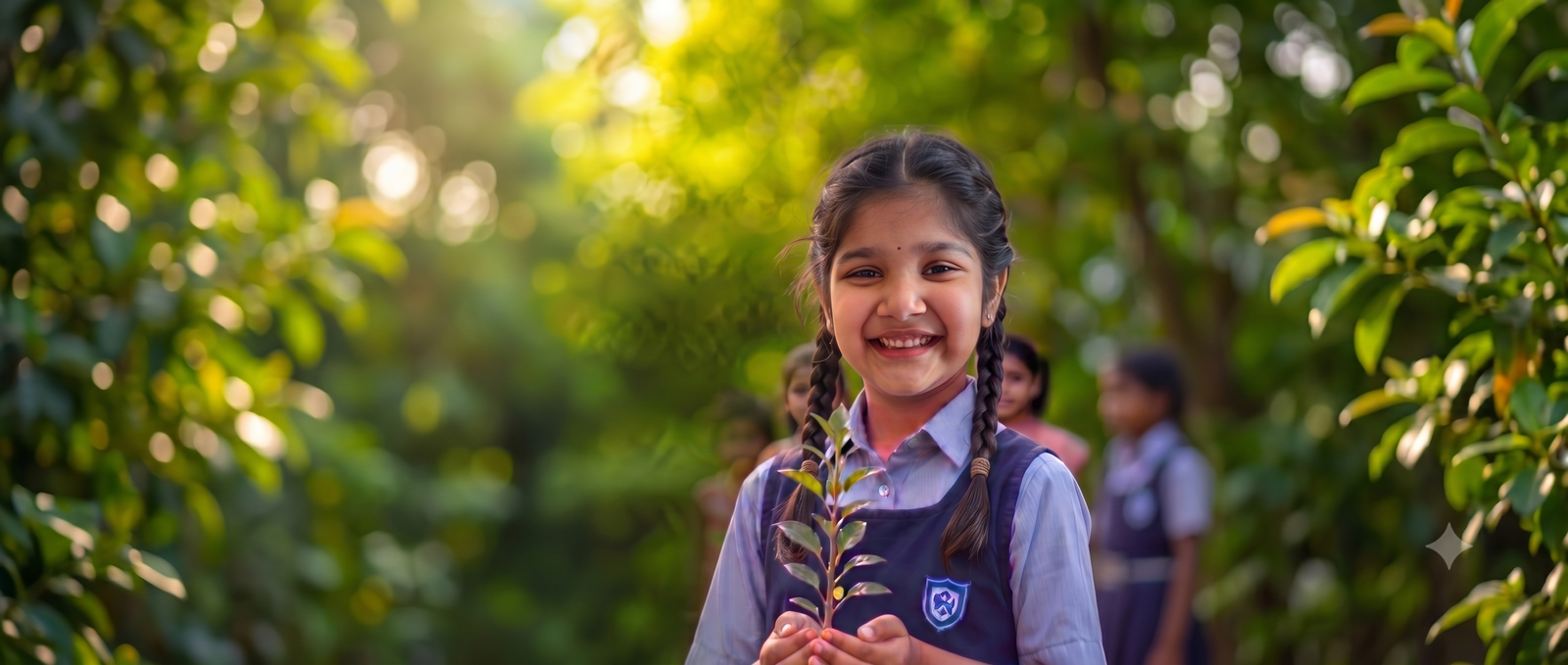 Smiling schoolgirl with students behind her